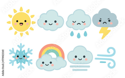 Weather conditions flat icon set. featuring sun, clouds, rain, thunder, snowflake, rainbow, wind