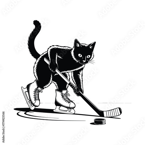 Black cat wearing ice skates playing hockey silhouette