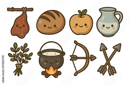 Medieval food and equipment flat icons set. featuring ham, bread, apple, milk, herbs, pot, bow, and arrows