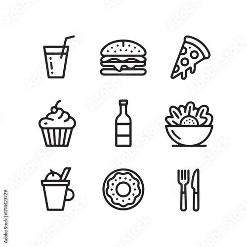 Collection of nine black and white line art icons representing various fast food and drink items, isolated on a white background technology background