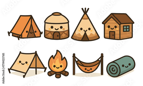Camping elements flat icon set. featuring tent, yurt, tipi, cabin, campfire, hammock, sleeping bag