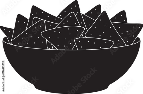 black silhouette of nachos in bowl on white background, vector