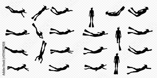 Collection of black silhouettes depicting divers and snorkelers in various swimming and underwater poses.