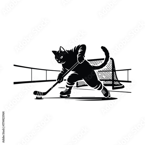 Black cat playing ice hockey in a rink silhouette