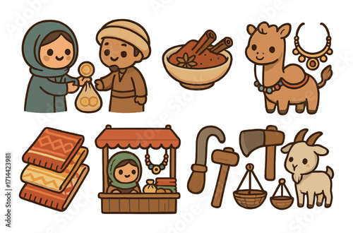 Market trade flat icon set. featuring merchant, spices, camel, textiles, market stall, tools, and goat symbols.