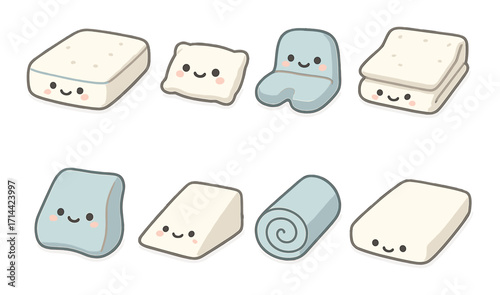 Food silhouette icon set. featuring tofu variants, smiling, block, rolled, square, cube