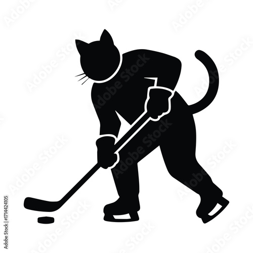 Black cat playing ice hockey in silhouette form silhouette