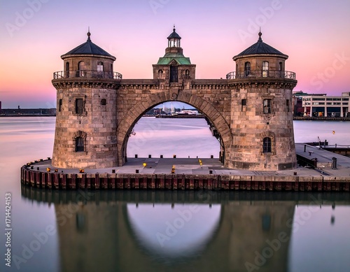 Ancient archway over calm water at dawn