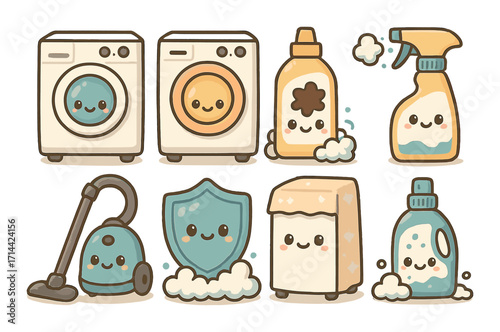 Cleaning tools flat icon set. featuring laundry, detergent, spray bottle, vacuum, sponge, shield, box, soap