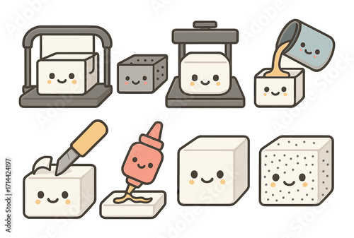 Cheese making process flat icons set. featuring press, pour, cut, add, block, and fermentation symbols