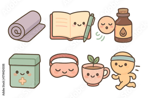 Wellness and relaxation flat icon set. featuring yoga mat, journal, essential oil, medicine, sleeping mask, herbal tea, exercise