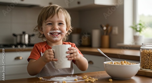 A cheerful young boy with milk mustache smiles broadly in a bright and airy kitchen scene.