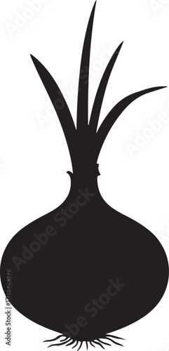  black silhouette of onion bulb on white background, vector