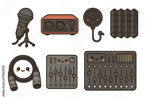 Music production kawaii icon set. featuring microphone, audio interface, mixer, pop filter, cable, and soundboard
