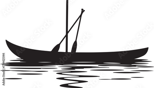 black silhouette of paddle boat on white background, vector.