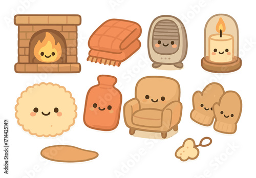 Cozy home flat icons set. featuring fireplace, blanket, heater, candle, rug, water bottle, armchair, slippers.