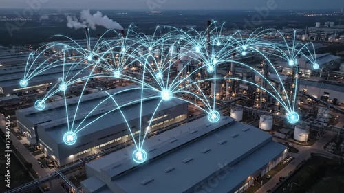 Industrial IoT Network Aerial View - An aerial drone shot of an industrial complex at night, overlaid with a visualization of a communication network connecting various facilities.