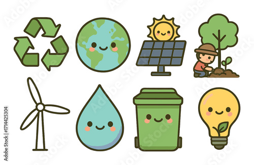 Eco-friendly flat icon set. featuring recycling, earth, solar panel, planting, wind turbine, water, waste bin, light bulb