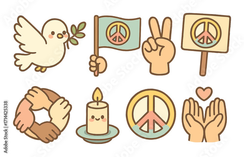 Peace and unity flat icons set. featuring dove, flag, hand gesture, sign, circle, candle, and heart.