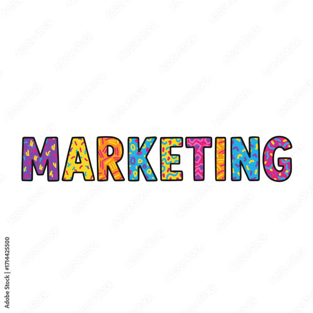 Fototapeta premium Colorful marketing word design with playful typography and patterns 