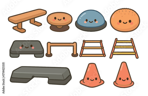 Gym equipment flat icon set. featuring bench, bosu ball, cones, step platforms, and hurdles.