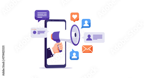 Hand holding megaphone from smartphone for promotion and outreach  
