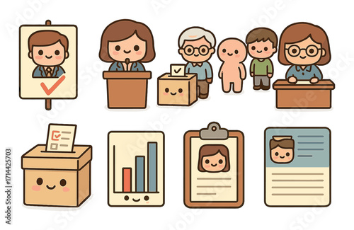 Election flat icons set. featuring candidate, voter, ballot box, chart, clipboard, id card, and speech symbols