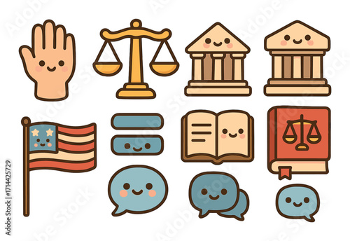 Justice and government flat icon set. featuring courtroom, scales, constitution, gavel, and flag symbols