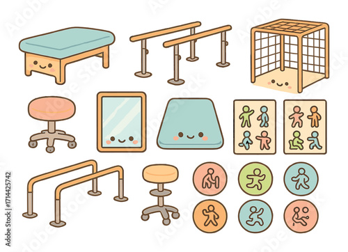 Rehabilitation equipment flat icon set. featuring bed, bars, cube, stool, mirror, and therapy symbols