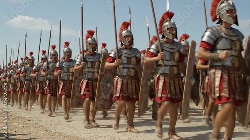 Roman Legionaries Marching in Formation - A line of Roman legionaries in full armor marches in formation, carrying spears and shields.