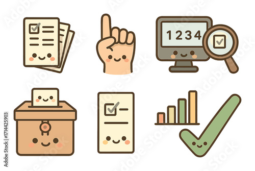 Voting flat icon set. featuring ballot, vote, hand, computer, magnifying glass, box, checklist, growth chart, checkmark