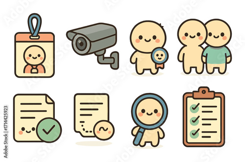 Security and surveillance flat icons set. featuring id card, camera, monitoring, document, checklist symbols