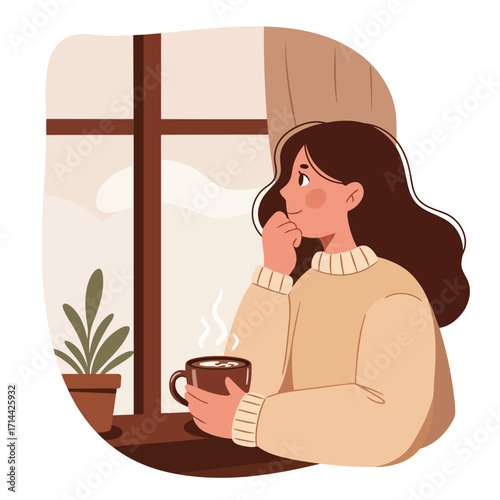 A young woman in a cozy sweater holding a steaming mug of coffee while looking out a window on a cold day.