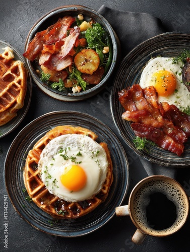 A tasty diner breakfast with waffles, eggs, bacon, and coffee is displayed in a top-down shot, showcasing a hearty and delicious meal on a dark background.
