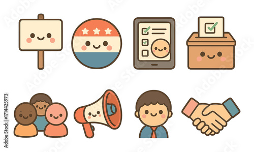 Voting and election flat icon set. featuring signboard, badge, tablet, ballot box, group, megaphone, handshake