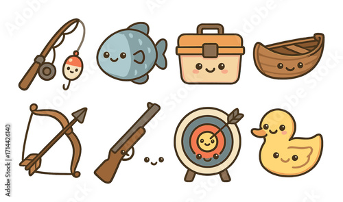 Outdoor activities flat icon set. featuring fishing, fish, tackle box, boat, archery, gun, target, duck symbols