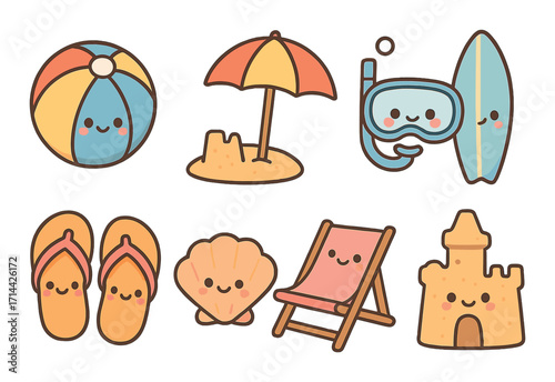 Beach elements flat icons set. featuring ball, umbrella, snorkel, surfboard, flip-flops, shell, chair, sandcastle