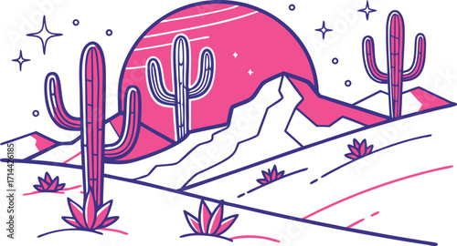 Vibrant desert sunset with majestic cacti, perfect for travel and nature lovers in a minimalist design