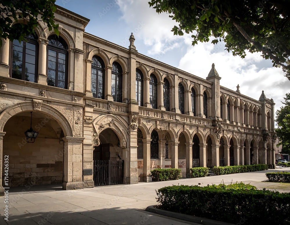 Fototapeta premium Historic building facade with arched windows and landscaping