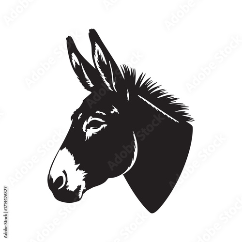 Black and white donkey head silhouette illustration, farm animal vector drawing, rustic livestock design for logo, emblem, or decoration