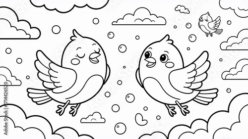 A charming black and white coloring page of adorable cartoon birds flying joyfully among fluffy clouds in a whimsical sky scene
