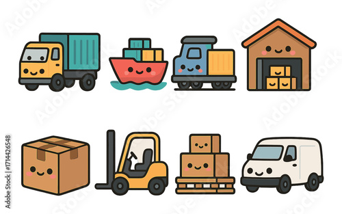 Transportation flat icon set. featuring truck, ship, train, warehouse, box, forklift, pallet, van symbols