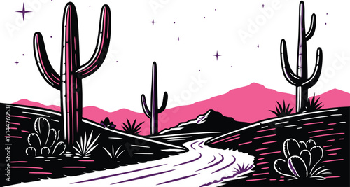 Stunning desert landscape with saguaro cacti under starry sky, evoking adventure and western spirit