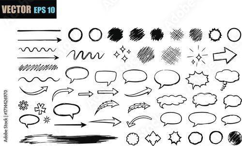 Collection of hand drawn sketchy elements including arrows speech bubbles circles and scribbles for creative design projects