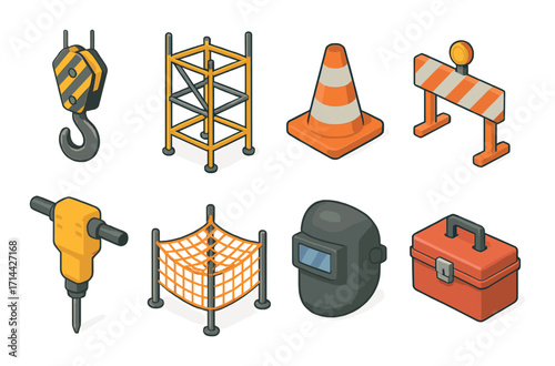 Construction equipment flat icon set. featuring hook, scaffold, cone, barrier, jackhammer, fence, welding, toolbox