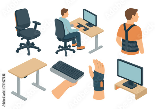 Ergonomics flat icon set. featuring chair, desk, computer, posture support, keyboard, and wrist brace symbols