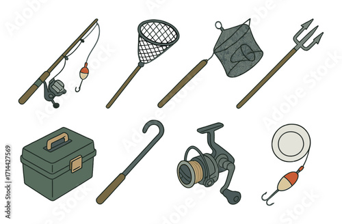 Fishing equipment flat icon set. featuring fishing rod, net, trap, harpoon, tackle box, hook, reel, plate, and bait symbols