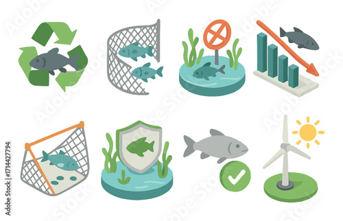 Marine conservation flat icon set. featuring recycling, fishnet, ban, chart, net, fish, and wind turbine symbols