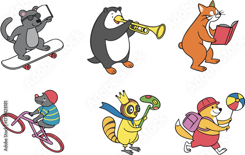 Whimsical animal characters engaged in fun activities, perfect for children's books and playful designs