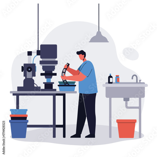 Person developing film in a darkroom with equipment and sinks, in a graphic art style